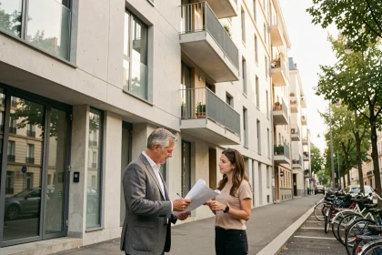 Investisseur immobilier et agent discutant devant une résidence étudiante neuve en ville