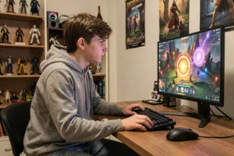 Adolescent jouant à un MMORPG fantasy sur son ordinateur de bureau dans sa chambre, écran affichant un portail magique coloré