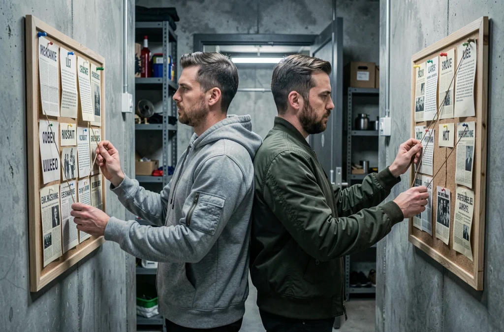 Deux joueurs masculins déchiffrant des indices dans un couloir d'escape game à Lyon avec tableaux de preuves et ambiance investigation