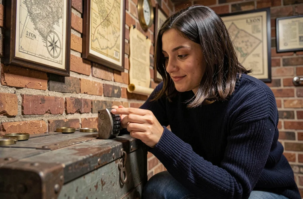 Joueuse inspectant un cadenas sur un coffre ancien dans une salle d'escape game thématique à Lyon avec carte et décoration historique