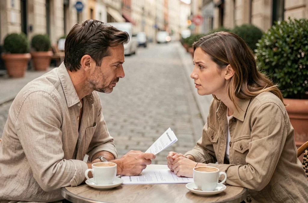 Deux adultes en discussion lors d'une médiation familiale informelle en terrasse de café en ville