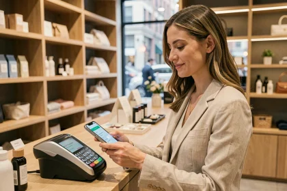 Femme payant avec son smartphone sur un terminal de paiement sans contact dans une boutique moderne