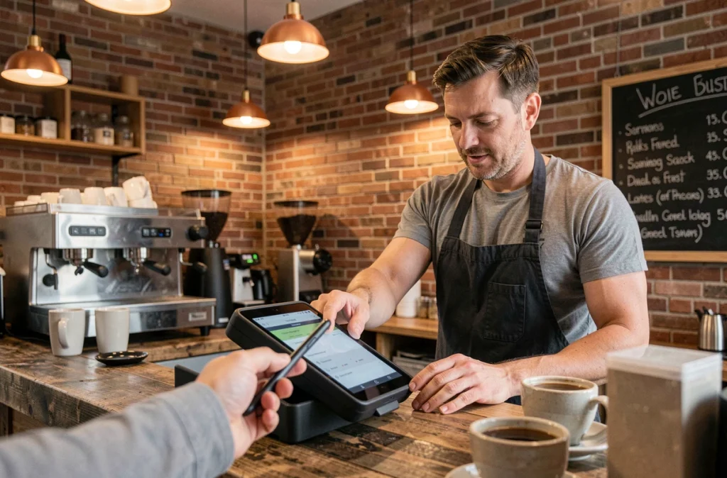 Commerçant acceptant un paiement mobile par smartphone dans un café indépendant