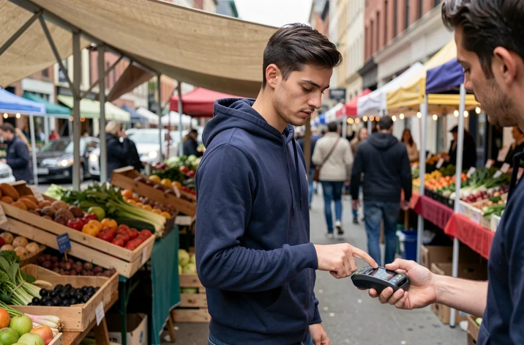 Homme payant avec une montre connectée sur un lecteur portable dans un marché de rue urbain