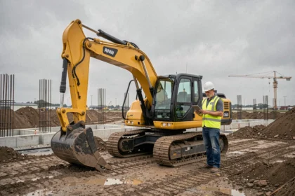Pelle mécanique électrique sur un chantier de construction moderne avec un ouvrier inspectant les données sur tablette