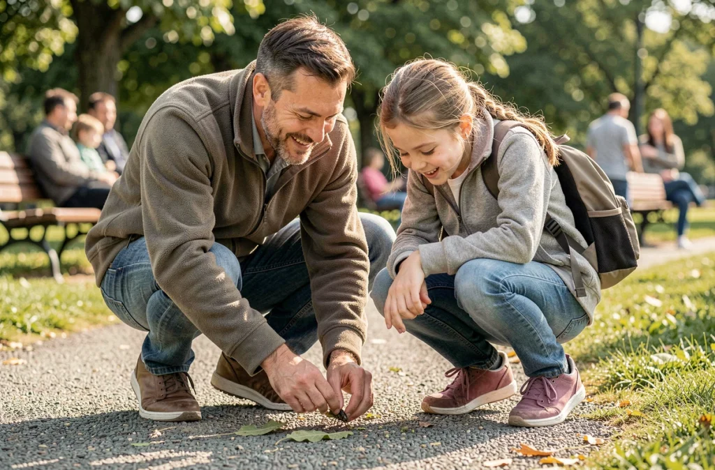 Père et fille explorant la nature dans un parc pendant les vacances en famille
