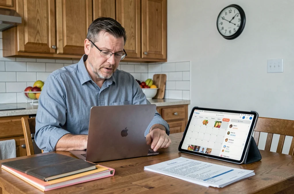 Père en télétravail gérant agenda professionnel et organisation du foyer à la table de cuisine