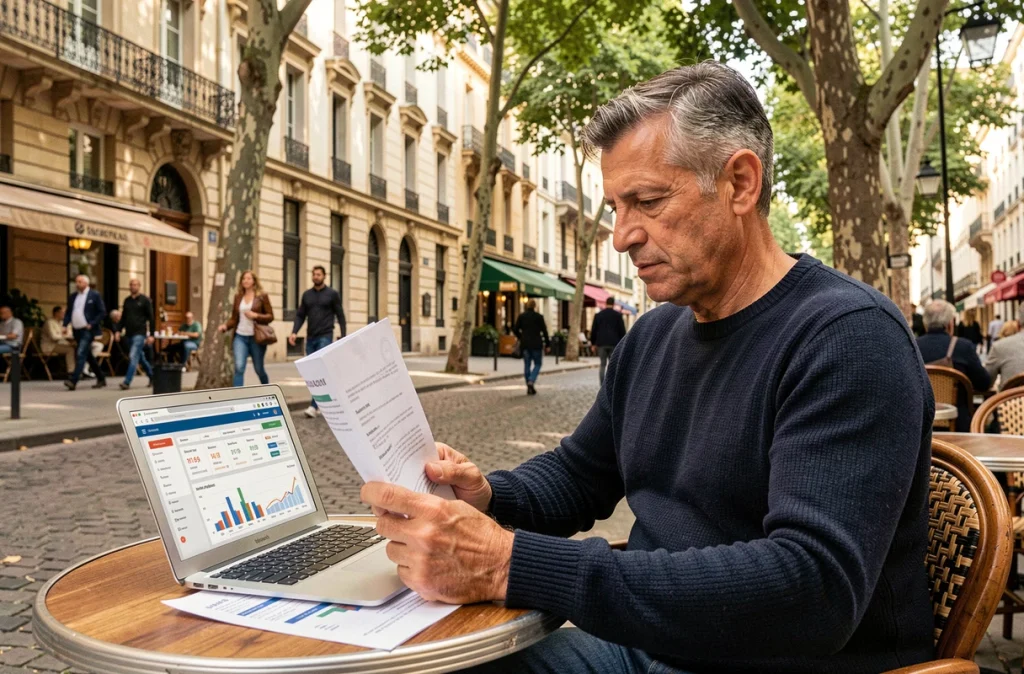 Propriétaire bailleur analysant des données de revenus locatifs saisonniers en terrasse à Bordeaux