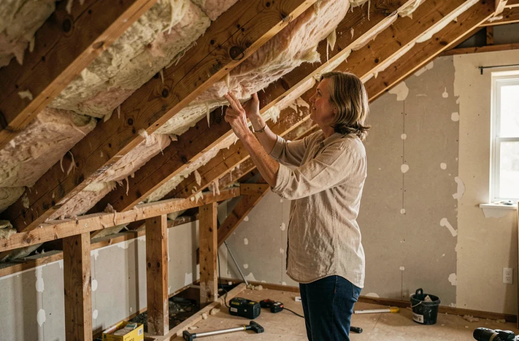 Propriétaire inspectant l'isolation thermique défectueuse d'un grenier dans une maison ancienne en rénovation