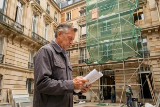 Architecte examinant des plans de rénovation énergétique dans la cour d'un immeuble en copropriété sous échafaudage