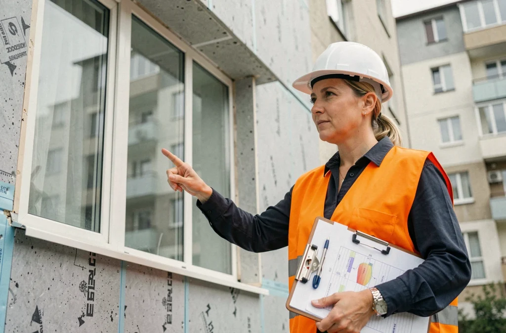 Consultante en énergie inspectant les nouvelles fenêtres double vitrage d'un immeuble en copropriété rénové