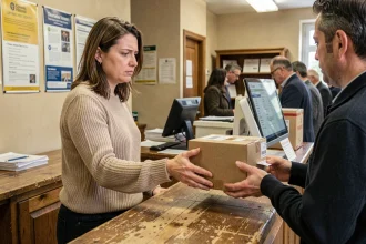 Femme déposant un colis de retour au comptoir d'un bureau de poste, illustrant le processus de retour IBF Clevya