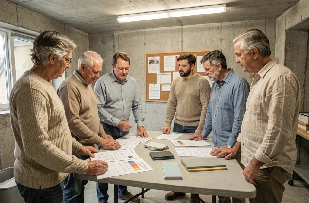 Réunion de copropriétaires étudiant un audit énergétique et des échantillons de matériaux pour la rénovation de leur immeuble