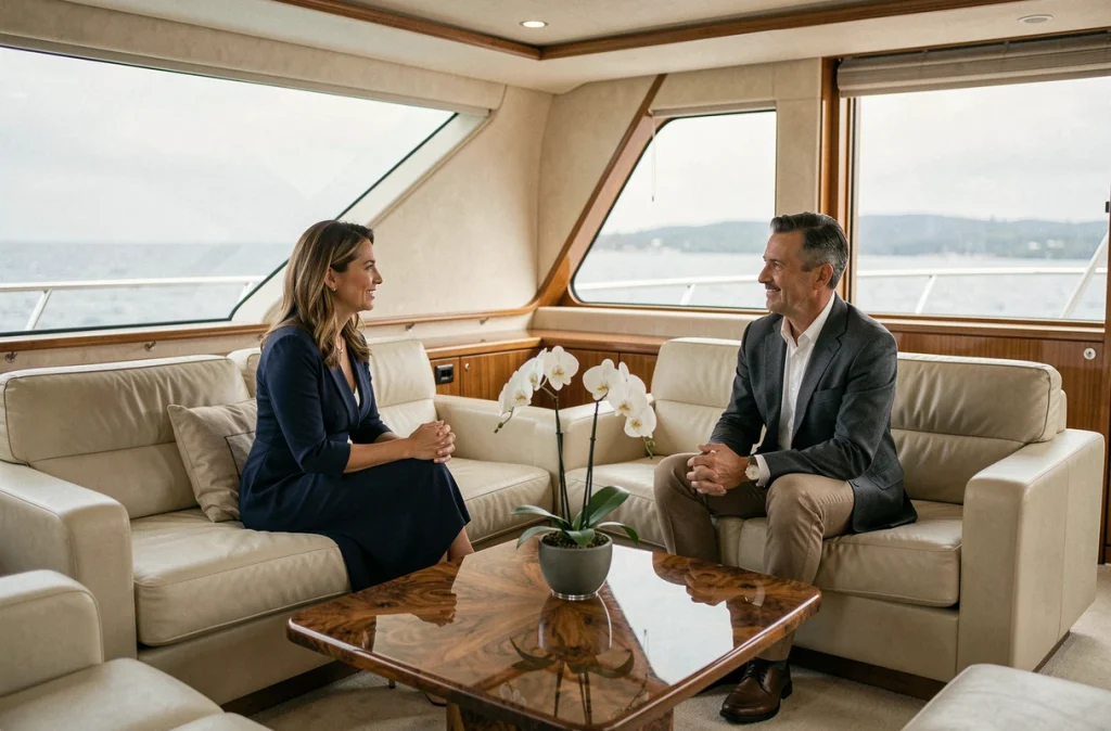 Salon intérieur d'un superyacht de luxe avec invités élégants assis sur des canapés en cuir crème