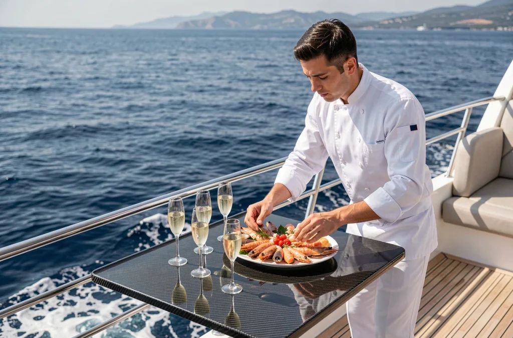 Service traiteur sur le pont supérieur d'un yacht de luxe en mer avec plateau de fruits de mer et coupes de champagne