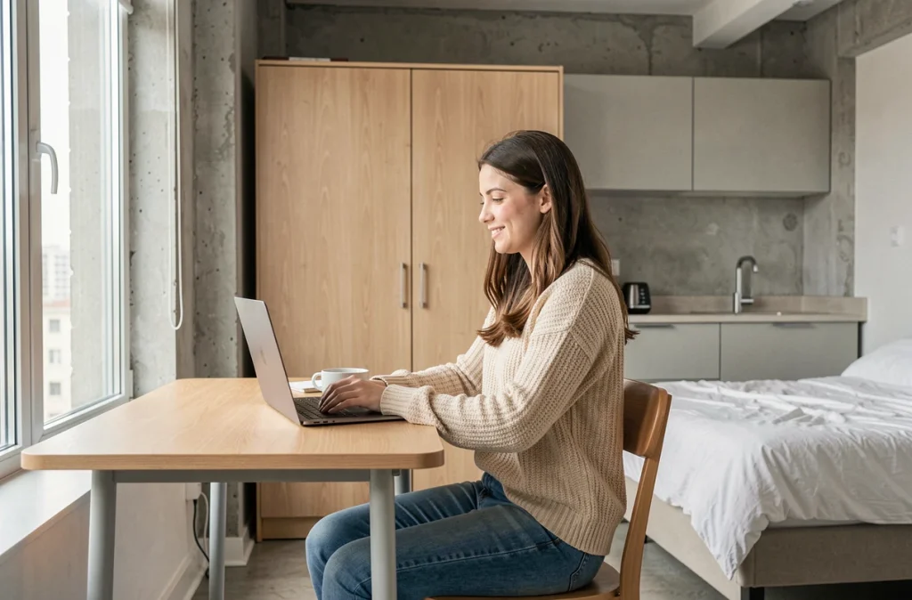 Étudiante dans un studio meublé moderne au sein d'une résidence étudiante neuve