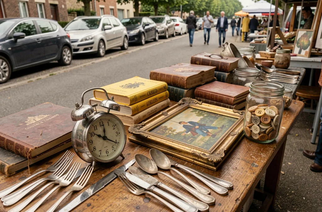 Table de brocante chargée d'objets vintage lors d'un vide grenier en Yvelines