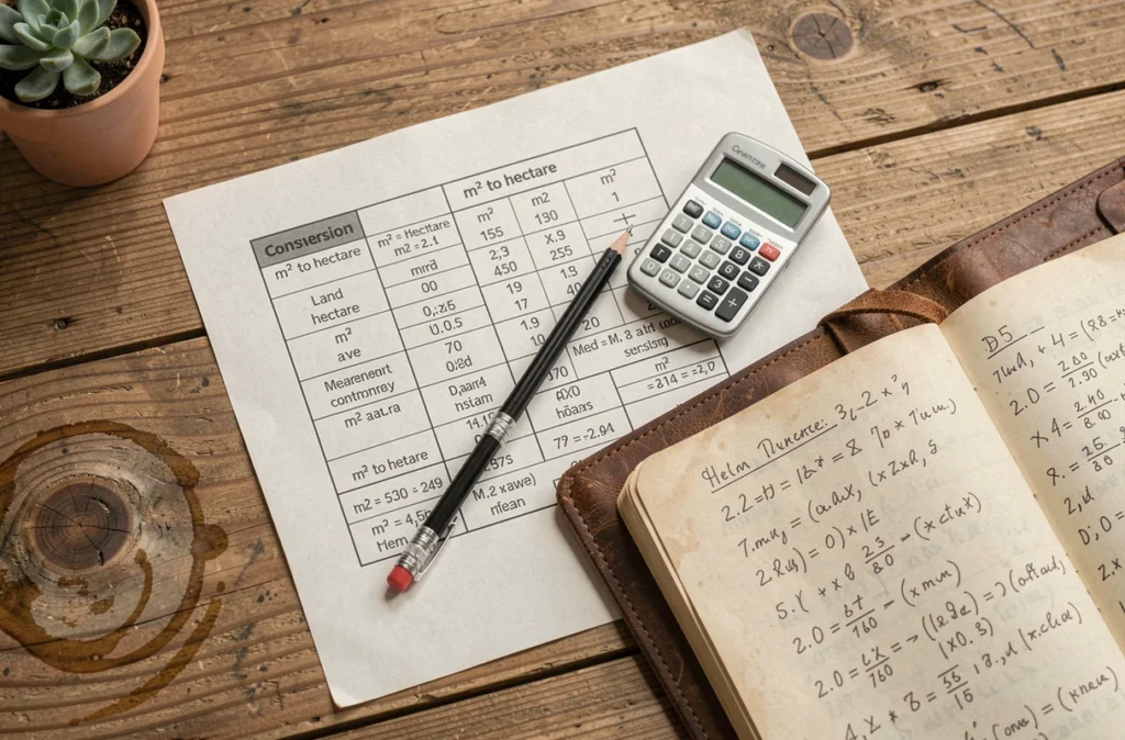 Vue aérienne d'un bureau avec tableau de conversion mètres carrés en hectares, calculatrice et carnet de calculs manuscrits