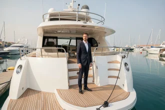 Pont arrière d'un yacht de luxe avec agent de sécurité en costume sombre au ponton d'une marina méditerranéenne