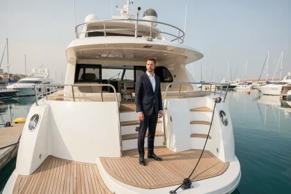 Pont arrière d'un yacht de luxe avec agent de sécurité en costume sombre au ponton d'une marina méditerranéenne