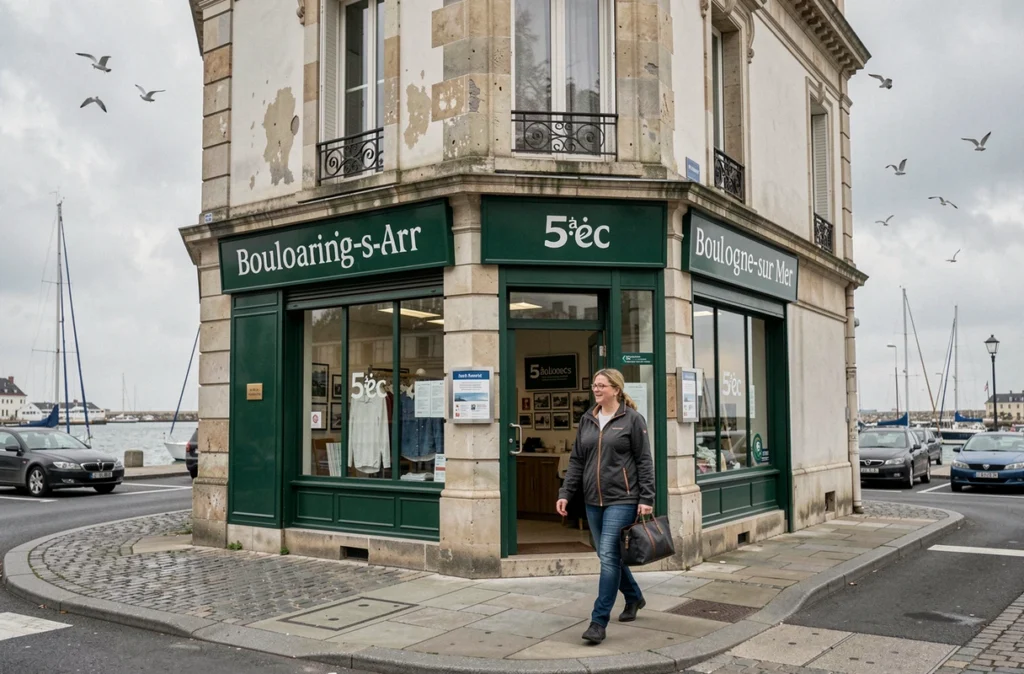 Pressing 5àSec à Boulogne-sur-Mer en zone littorale avec façade de marque verte et cliente sortant avec un sac de vêtements sous un ciel côtier nuageux