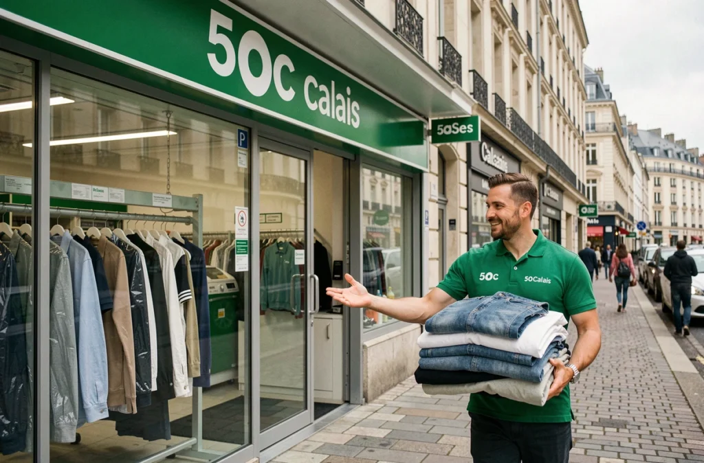 Enseigne nationale 5àSec en centre-ville de Calais avec devanture verte et employé en polo de marque accueillant un client