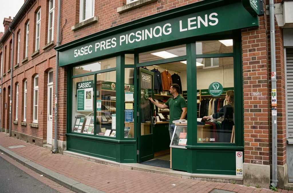 Pressing 5àSec à Lens dans le bassin minier avec devanture verte sur rue bordée de briques rouges typiques du Pas-de-Calais