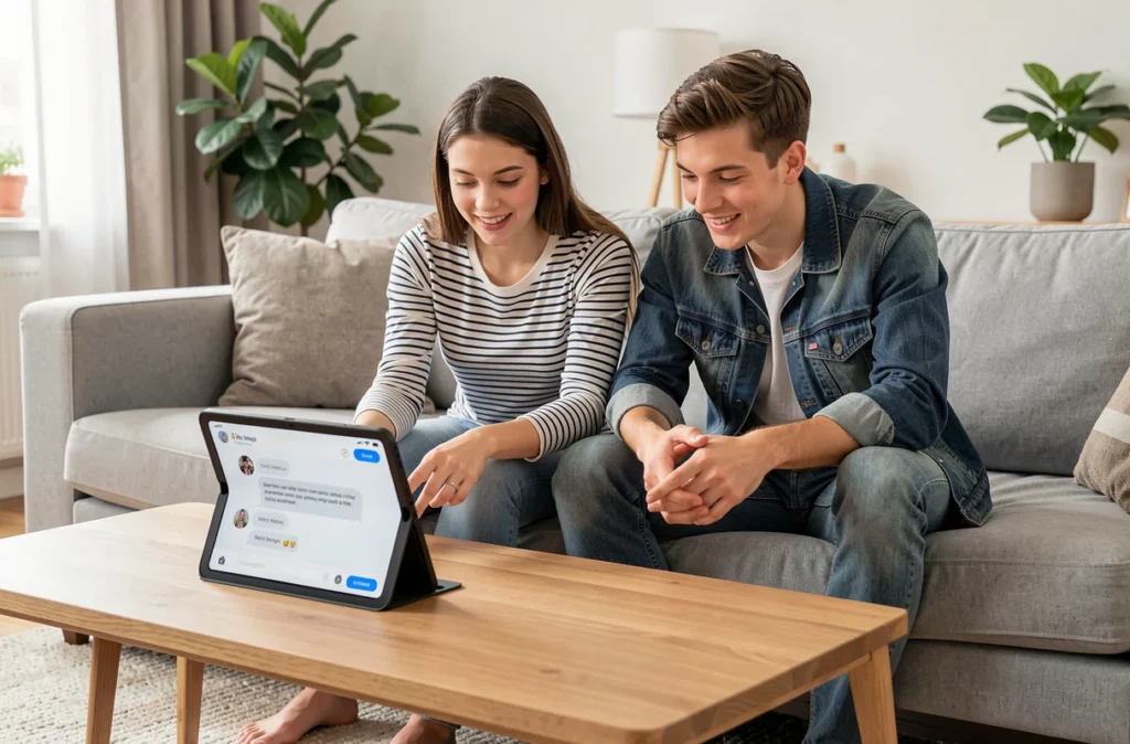 Deux amis assis dans un salon qui apprennent ensemble à bien se présenter sur un tchat en ligne