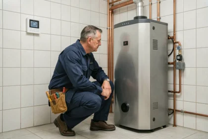 Chauffagiste professionnel en uniforme inspectant une chaudière à condensation dans une chaufferie moderne en Centre-Val de Loire
