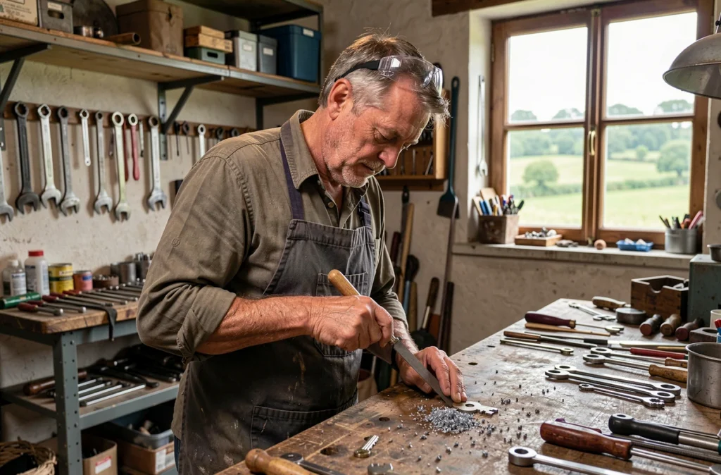 Artisan serrurier-métallier travaillant à la lime sur une clé dans son atelier rural de Magescq