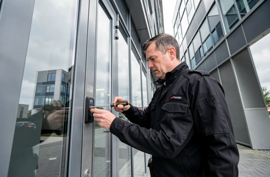Technicien de Dynamic Sécurité installant une serrure électronique haute sécurité sur un bâtiment commercial moderne