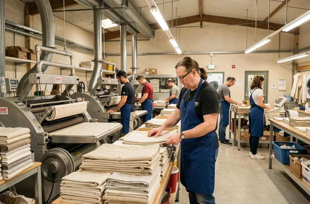 Atelier de pressing solidaire ESAT de Montigny-Courrières avec des travailleurs en situation de handicap pliant du linge encadrés par une formatrice