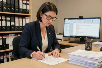 Femme professionnelle relisant un document administratif formel à son bureau, stylo en main, environnement de bureau ordonné