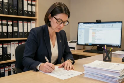 Femme professionnelle relisant un document administratif formel à son bureau, stylo en main, environnement de bureau ordonné