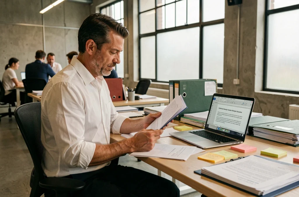 Homme travaillant sur des documents administratifs dans un espace de coworking moderne, entouré de classeurs et d'un ordinateur portable