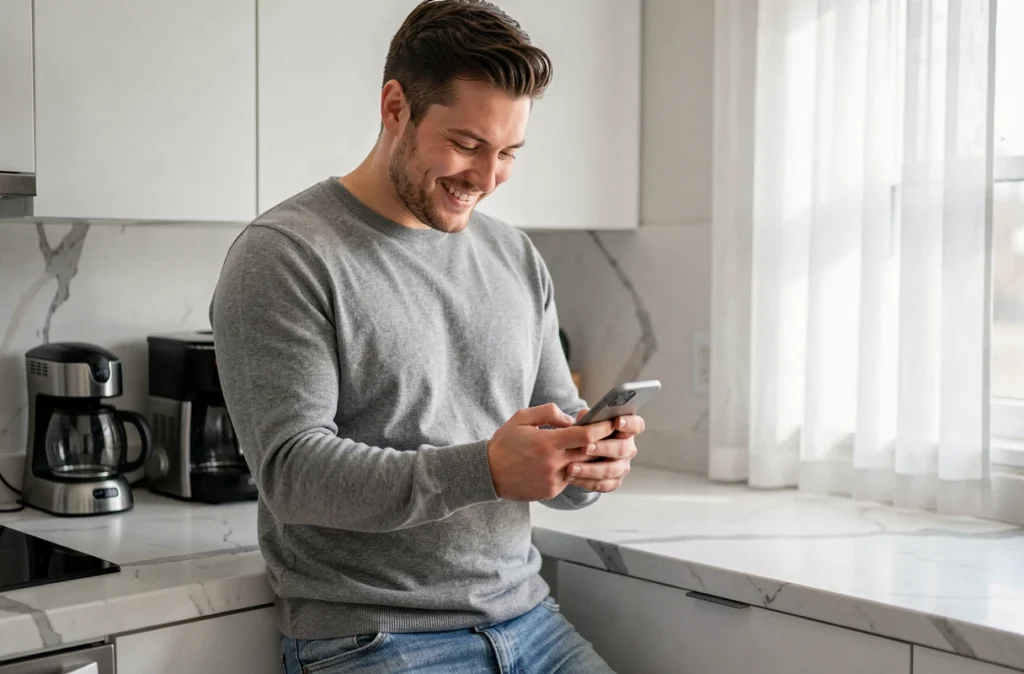 Homme souriant qui envoie un message de présentation sur une application de tchat depuis sa cuisine