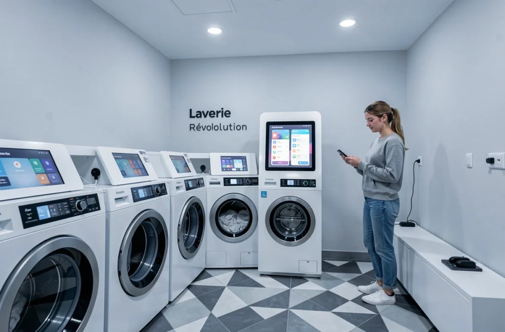 Laverie automatique nouvelle génération Laverie Révolution avec machines connectées, écrans tactiles et jeune femme utilisant son smartphone