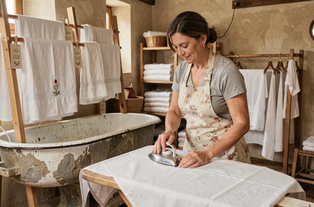 Blanchisserie artisanale Le Lavoir De Mathilde avec une femme en tablier floral repassant du linge blanc sur une planche en bois dans un cadre rustique