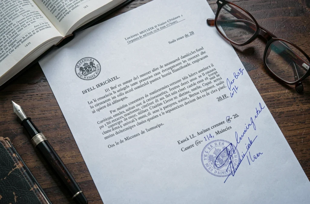 Vue en plongée d'un courrier administratif officiel annoté à la main avec un stylo plume, dictionnaire juridique et tampon officiel sur bureau en chêne