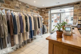 Intérieur d'un pressing professionnel dans le Pas-de-Calais avec des vêtements emballés suspendus sur des rails et un comptoir d'accueil en bois