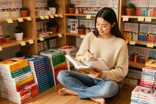 Jeune femme organisant sa collection de mangas yaoi sur le sol avec des listes et des codes couleur