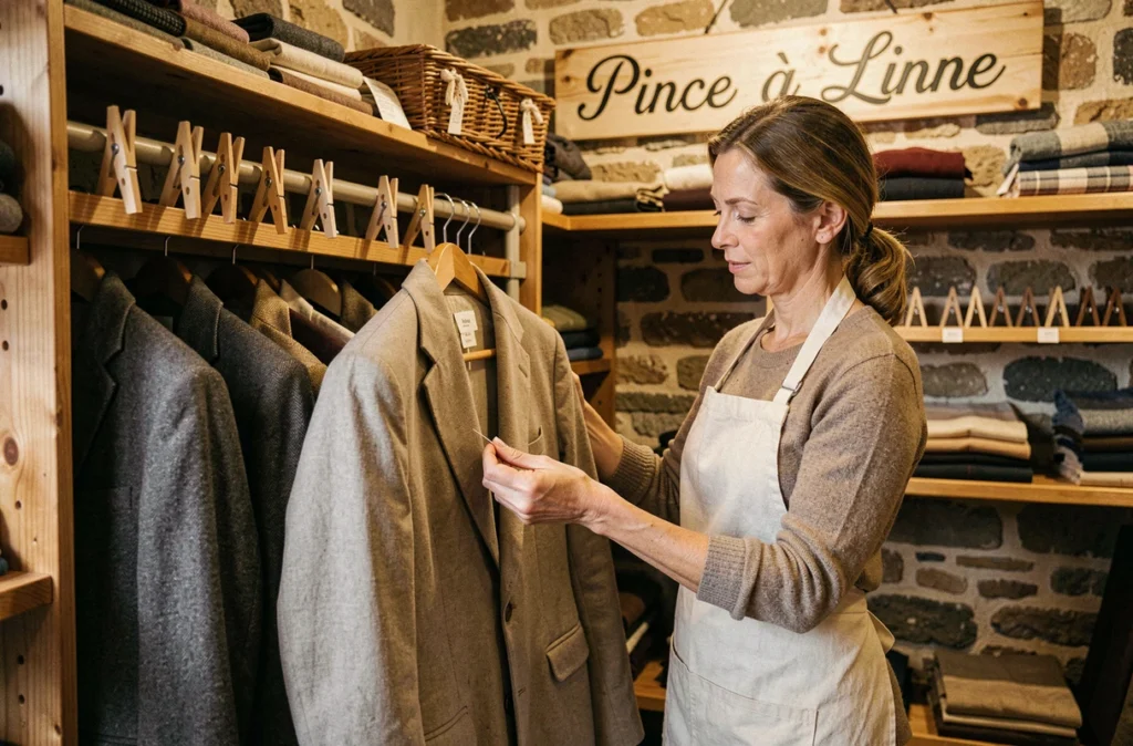 Boutique de pressing artisanal Pince à Linge à Arras avec une employée inspectant un vêtement sur cintre dans un décor en pierre