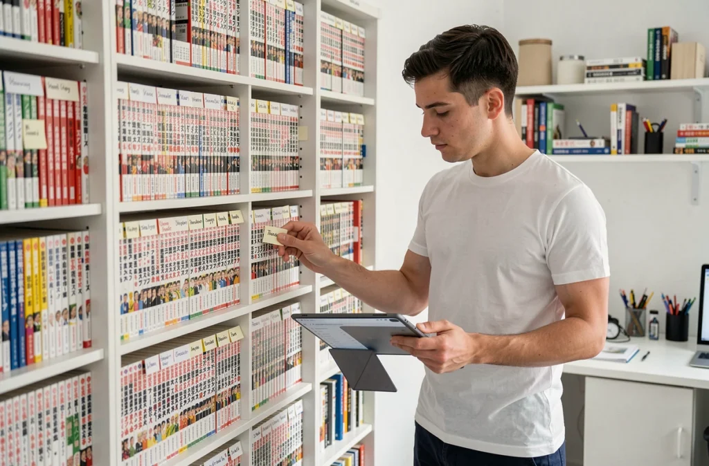 Homme rangeant et étiquetant des mangas sur une grande bibliothèque moderne avec une tablette de référence