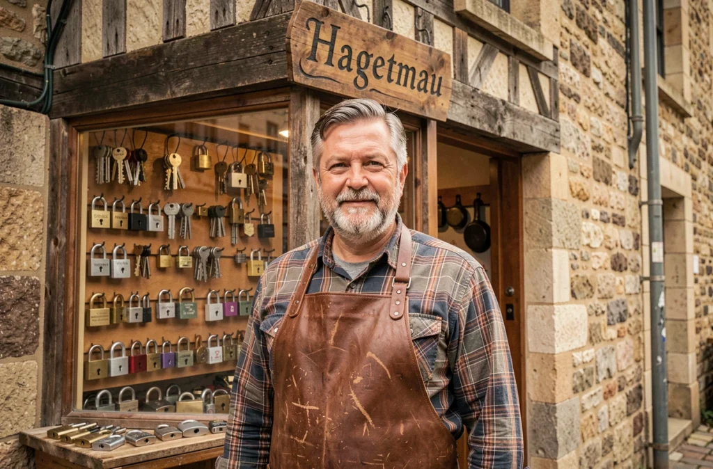 Artisan serrurier de Serrurerie Cazenave à Hagetmau devant la devanture traditionnelle de sa boutique de serrurerie