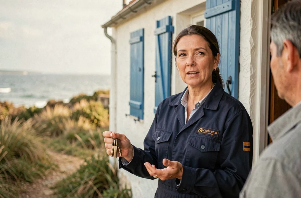 Serrurier de Serrurerie Loustau à Capbreton devant une maison côtière blanche avec volets bleus, présentant des clés à un client