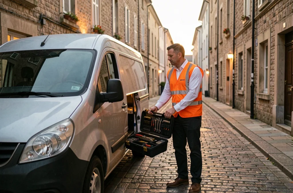 Serrurier SOS Artisan Dax arrivant en urgence avec son matériel dans une rue résidentielle de Dax au crépuscule