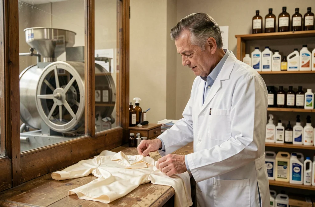 Intérieur traditionnel du pressing Tradisec avec un technicien en blouse blanche examinant un chemisier en soie devant une machine à nettoyage à sec