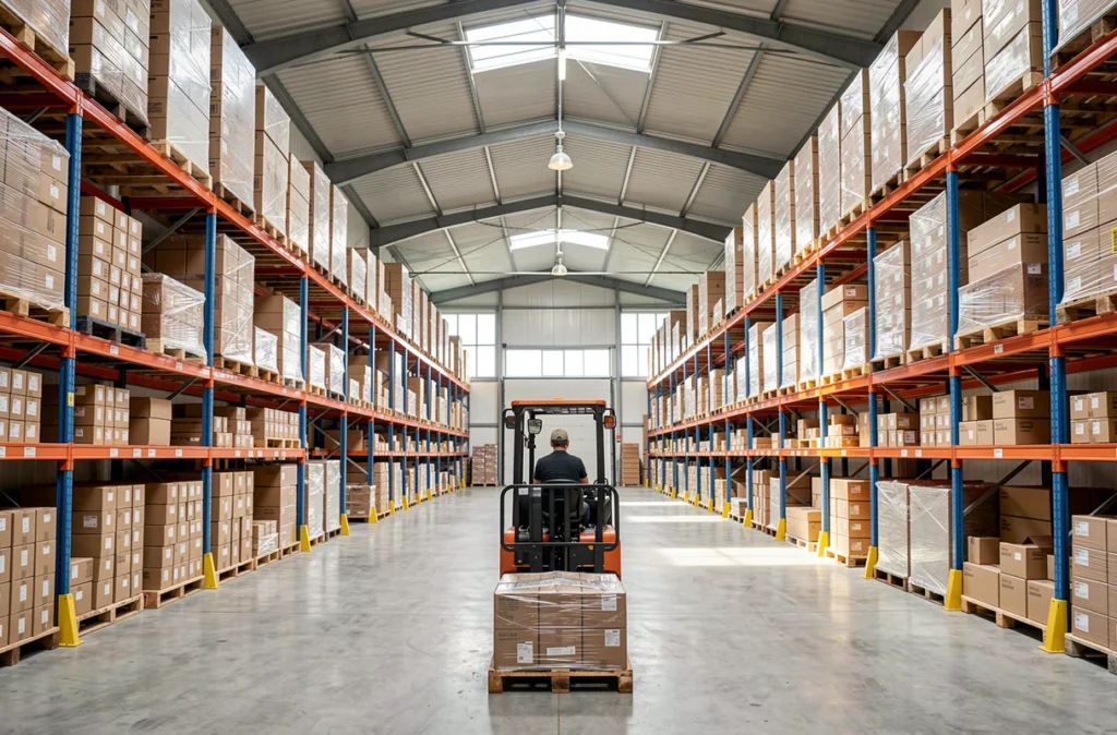 Entrepôt de logistique avec colis rangés sur des étagères