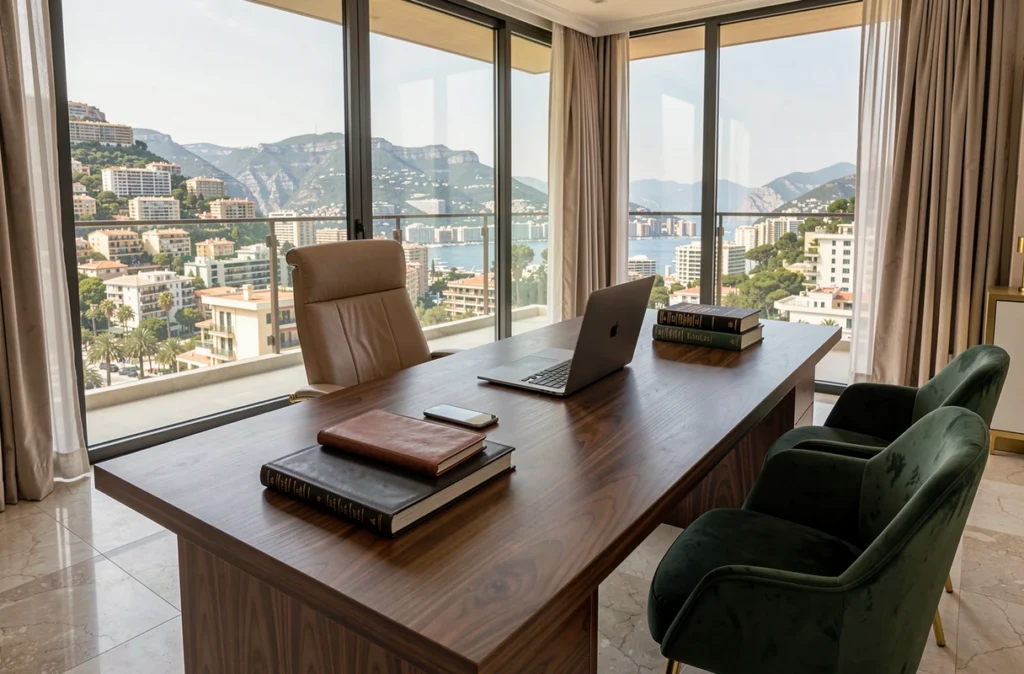 Bureau de luxe à Monaco avec vue sur la ville, évoquant le parcours d'avocat devenu personnalité de la richesse ostentatoire Zeus Monaco